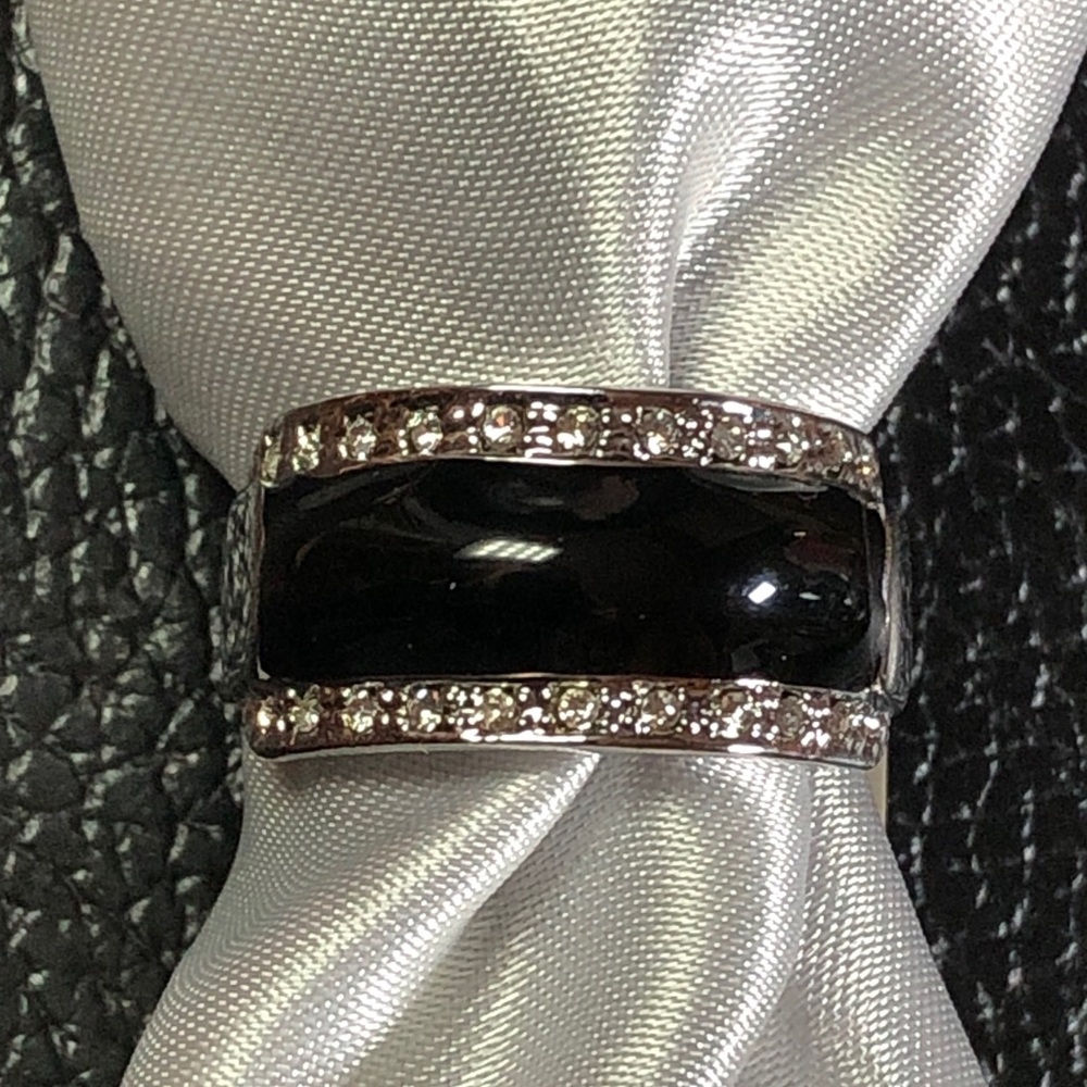 Silver Black Enamel Crystal Wide Band Ring Sz 8.75 Camille Lucie France